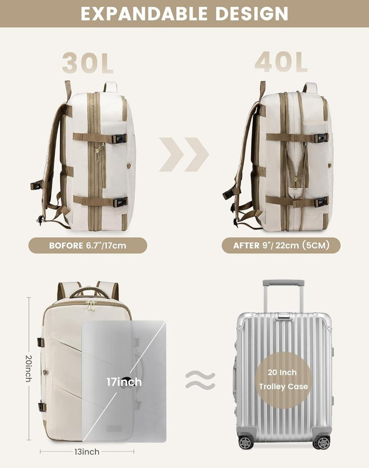Travel Backpack Handgepäck Rucksack 17 Zoll Business Beige Khaki