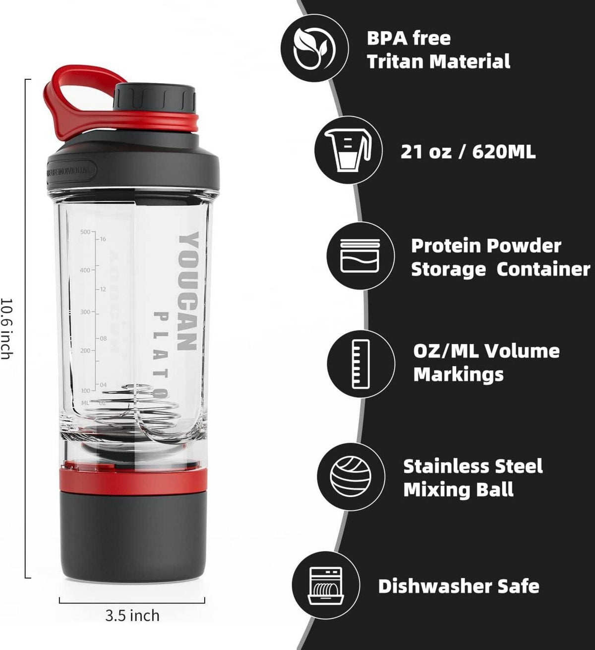 Protein Shaker mit Pulverfach und Kugel, Shake Becher 620ML Red