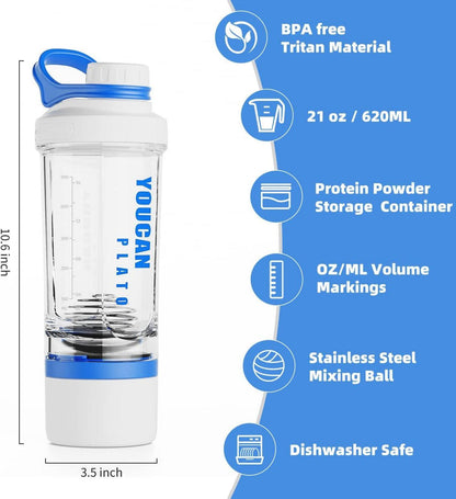 Protein Shaker mit Pulverfach und Kugel 620ml Blau