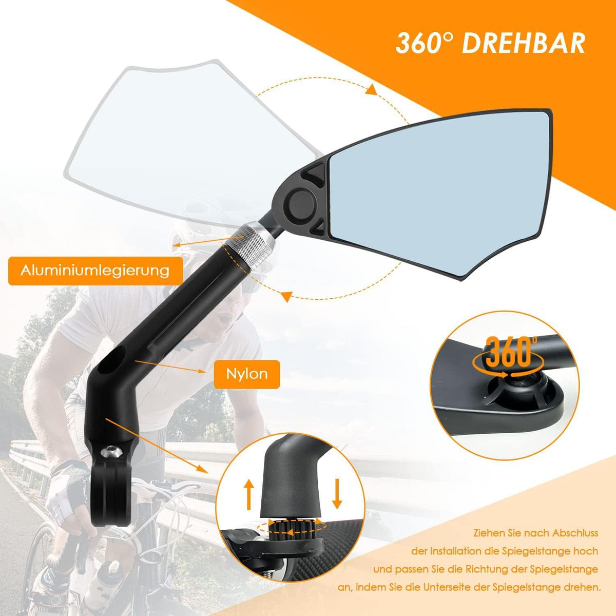 Fahrradspiegel Blendschutz HD Echtglas 360° Drehbar 20-23mm Lenker