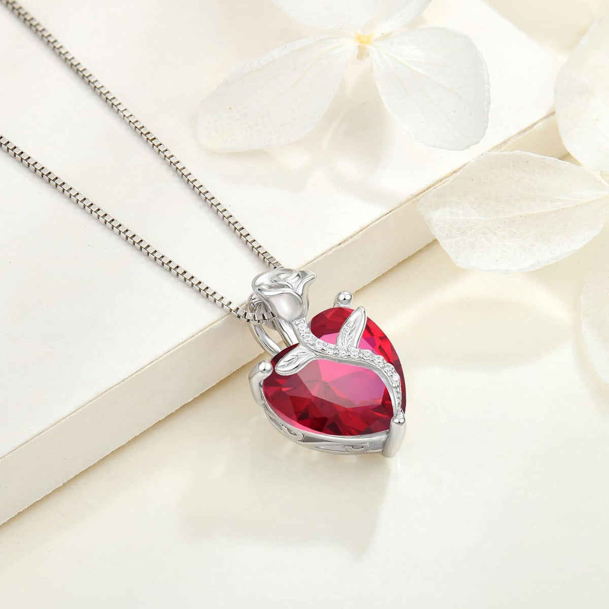 Herz Kette Damen 925 Silber Geburtsstein Anhänger Rose Rubin Schmuck