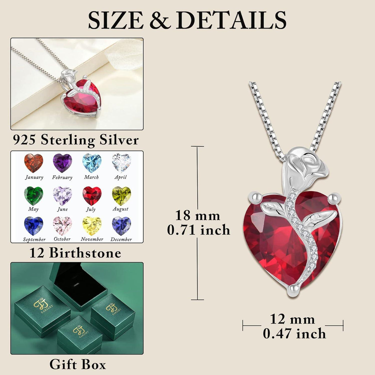 Herz Kette Damen 925 Sterling Silber Geburtsstein Anhänger Rose Rubin