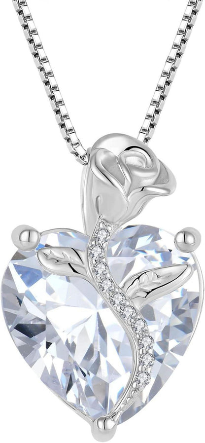 Herz Kette Damen Sterling Silber Geburtsstein Anhänger Rose Schmuck
