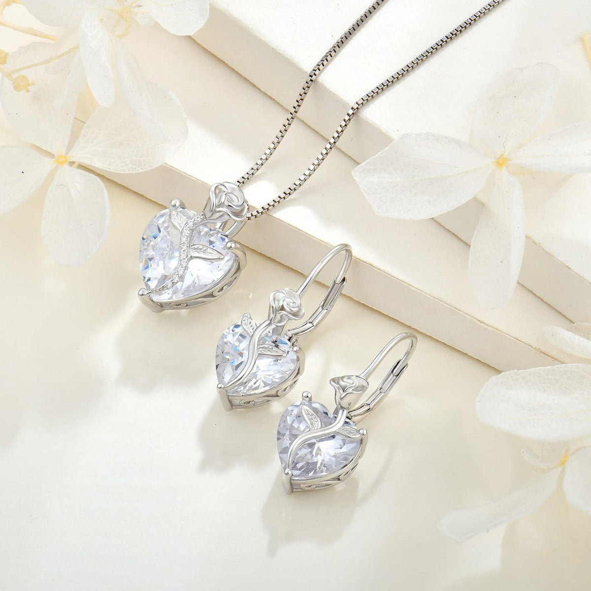 FJ Herz Kette Damen 925 Silber Geburtsstein Rose Blume Anhänger Zirkonia Schmuck