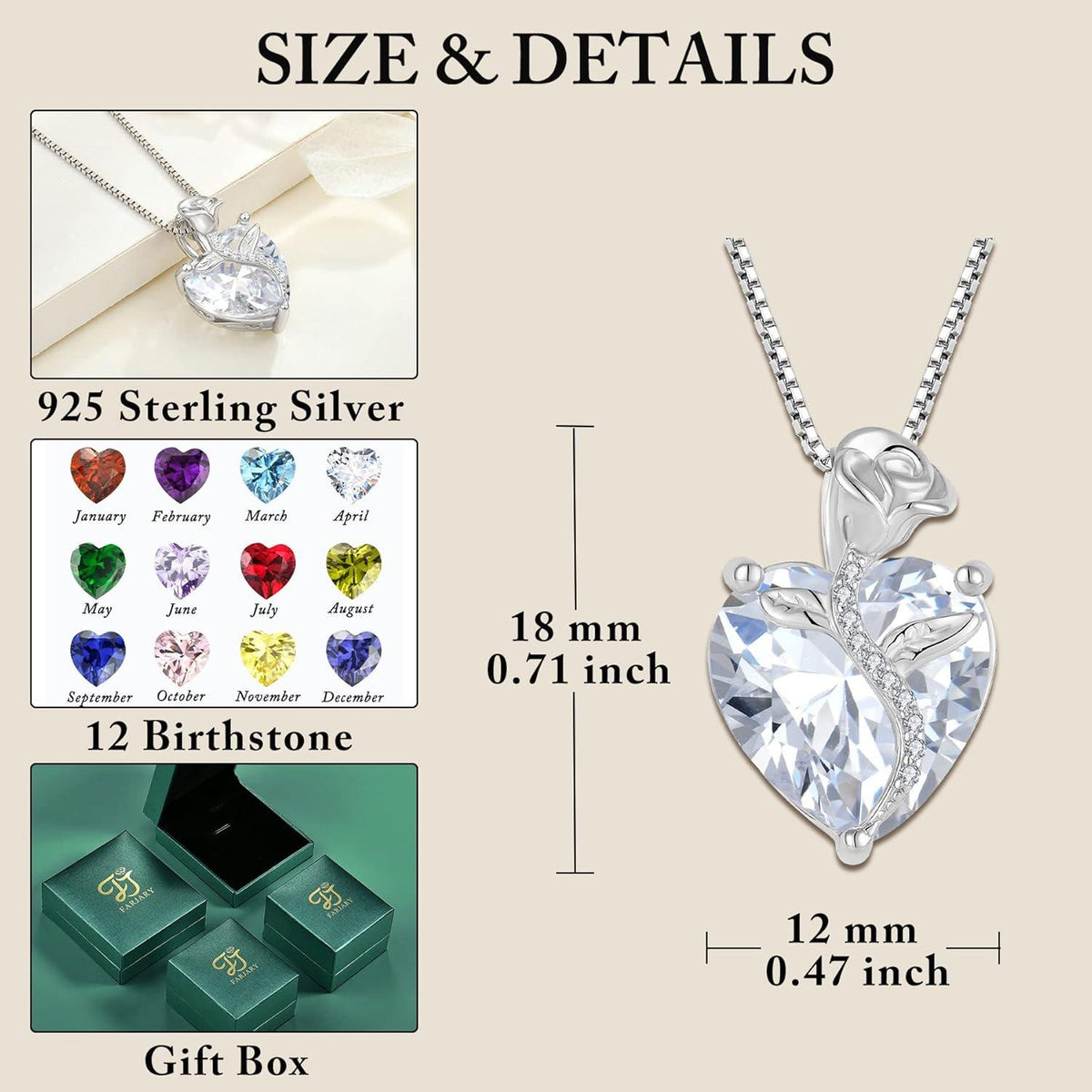 Damen Herz Kette 925 Silber Geburtsstein Anhänger Rose Blume Zirkonia