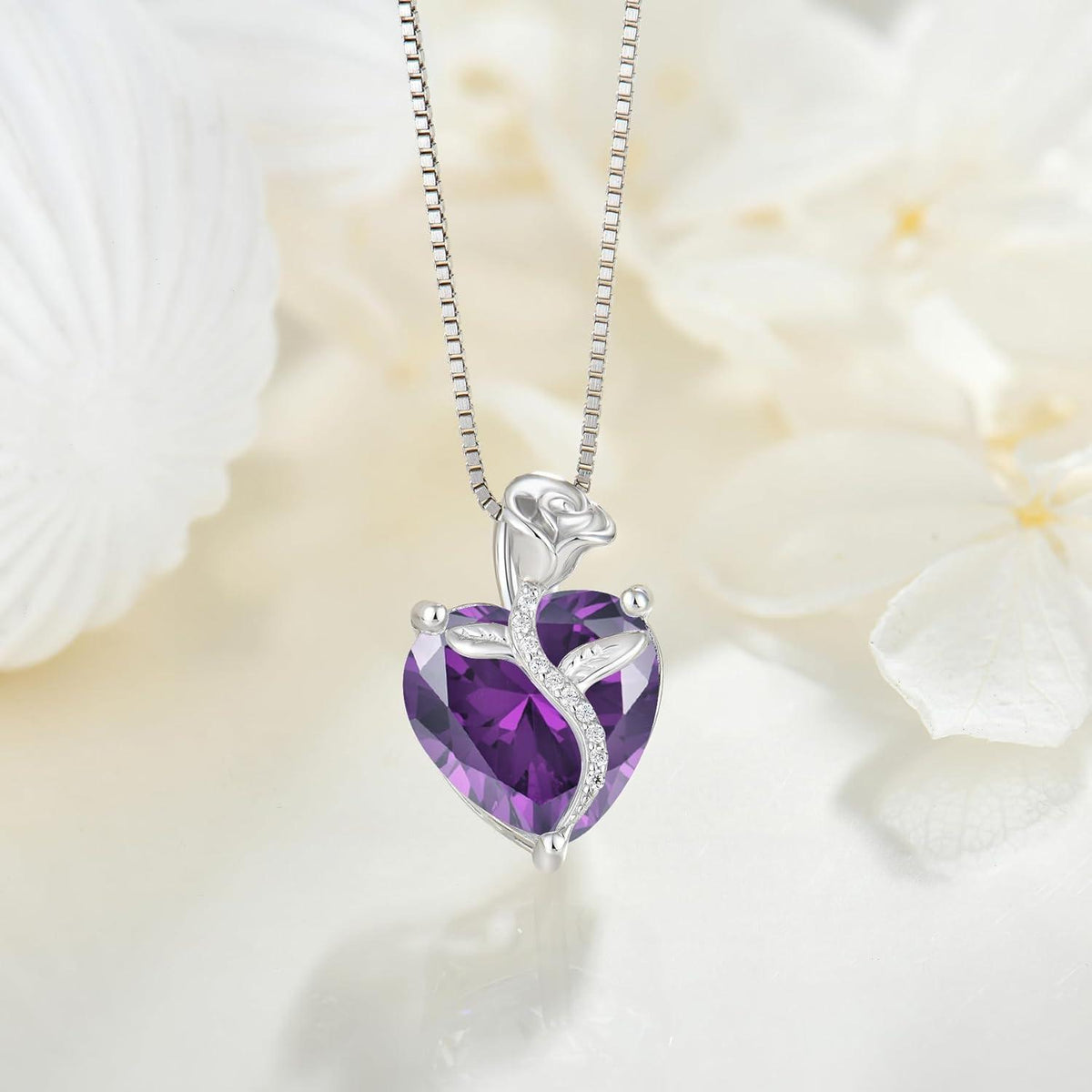 Sterling Silber Kette mit Amethyst Geburtsstein und Rosenanhänger