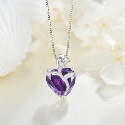 Sterling Silber Kette mit Amethyst Geburtsstein und Rosenanhänger