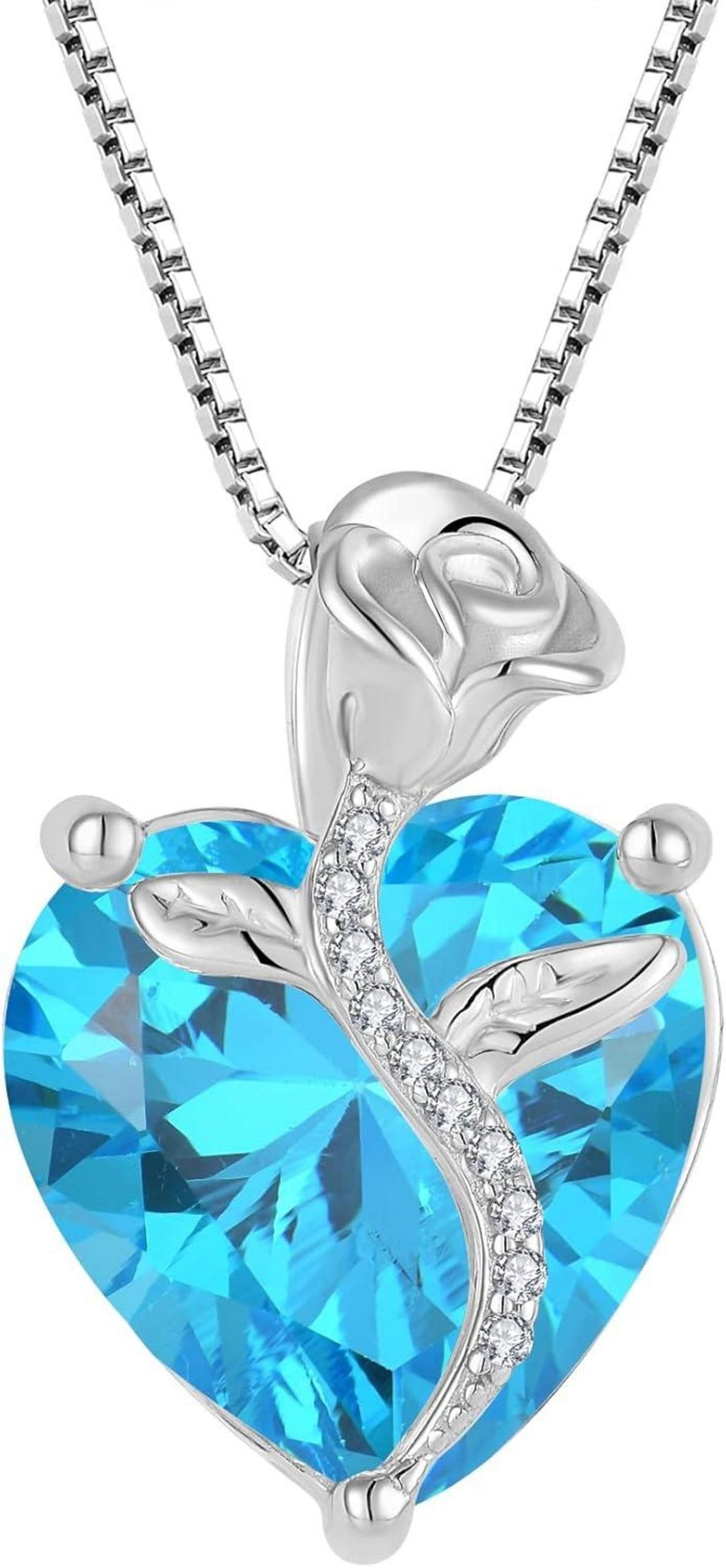 Aquamarin Herz Kette 925 Silber Geburtsstein Rose Anhänger