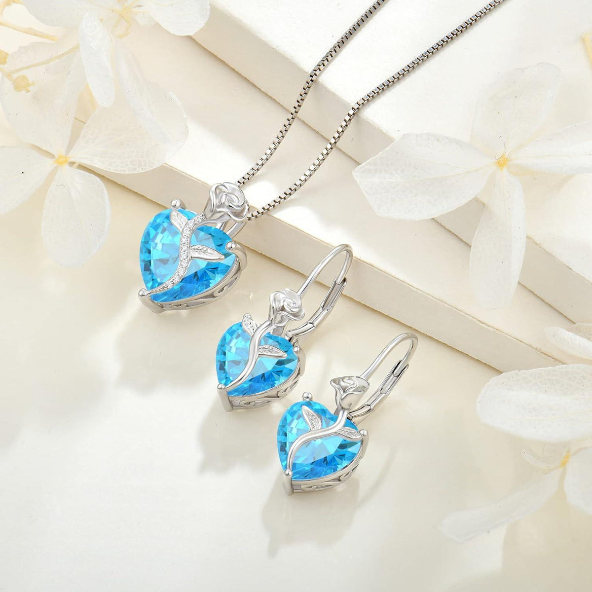 Damen-Herz-Kette mit Aquamarin-Geburtsstein-Anhänger & Rose in 925 Silber
