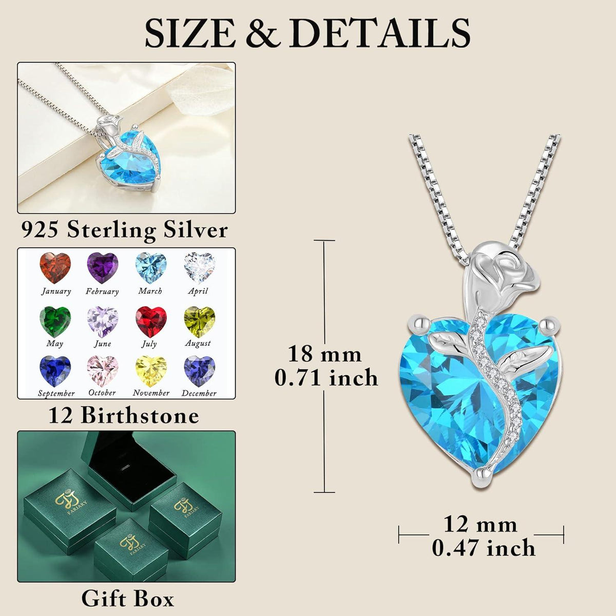 Herz Anhänger Aquamarin Geburtsstein Halskette 925 Silber Blume
