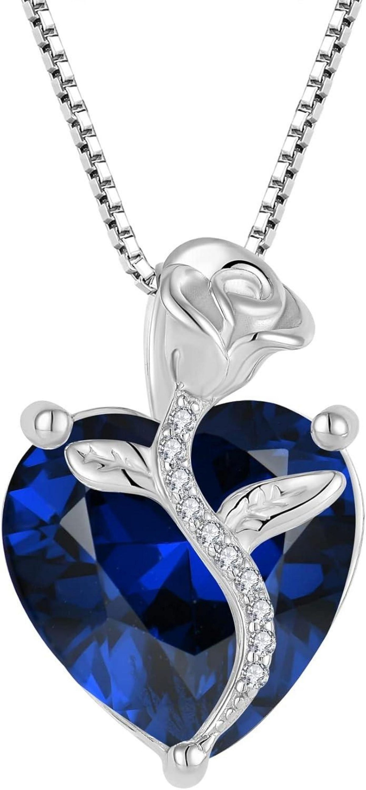 925 Silber Herz Kette Damen Geburtsstein Anhänger Rose Saphir