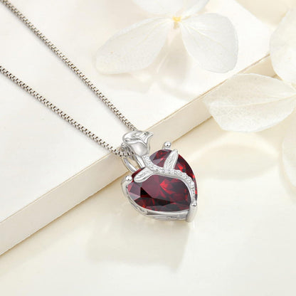 FJ Herz Kette Damen 925 Sterling Silber Anhänger Rose Geburtsstein Granat