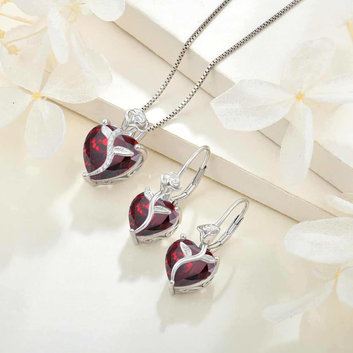 Herz Kette Damen 925 Silber Geburtsstein Anhänger Rose Blume Januar - Granat
