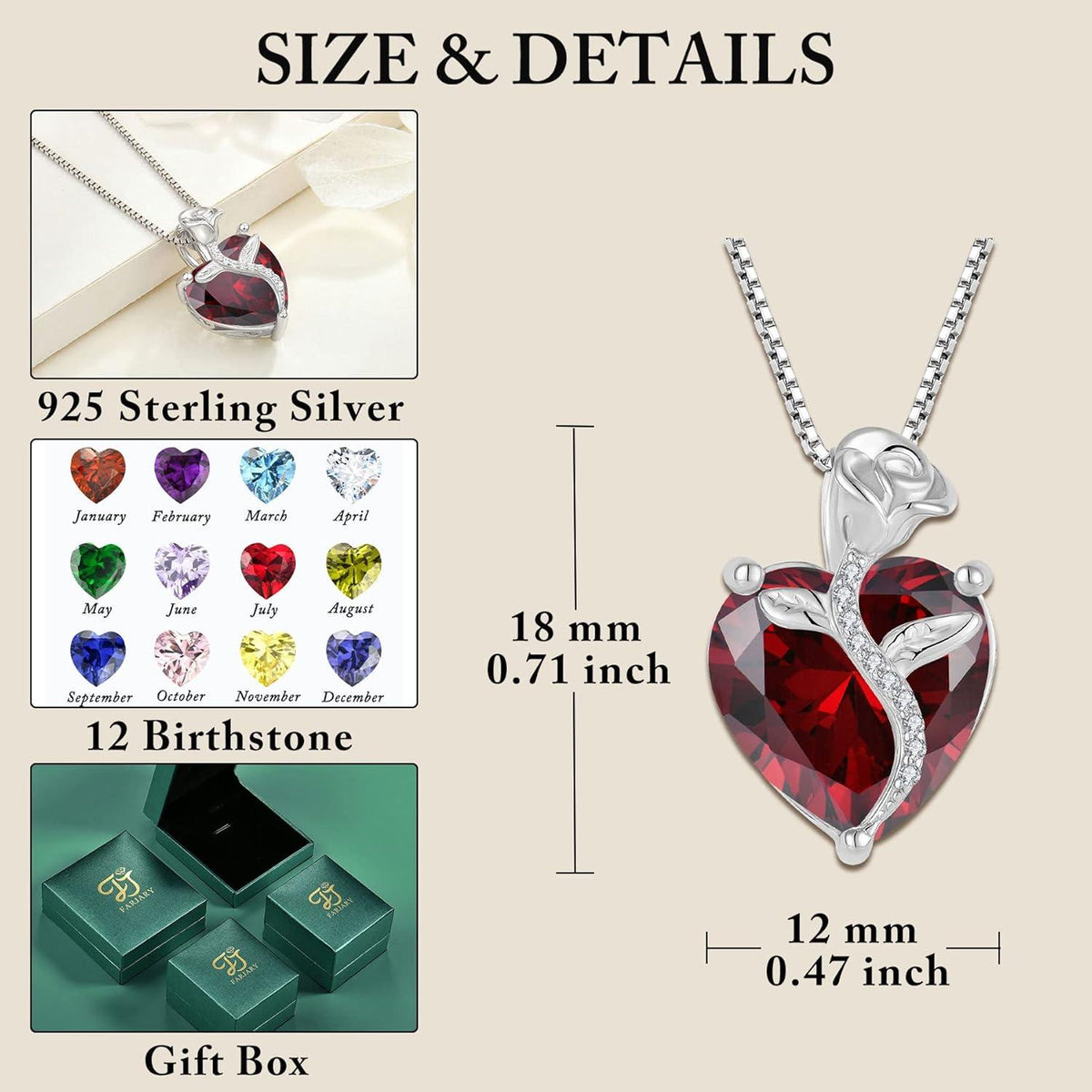 Herz Kette Damen 925 Sterling Silber Geburtsstein Rose Blume Granat
