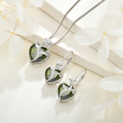 Herz Kette Damen 925 Sterling Silber Geburtsstein Peridot Rose Blume