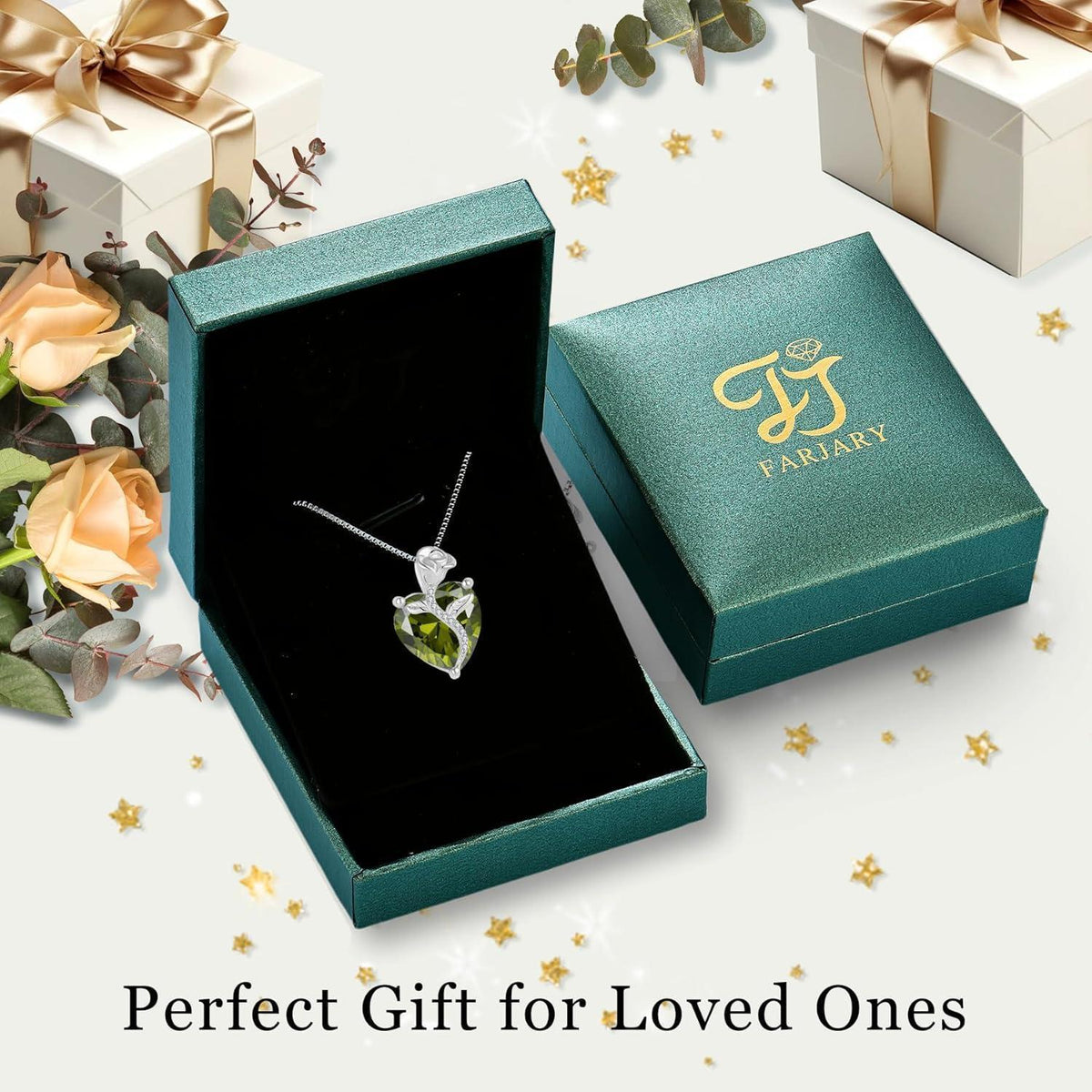 Herz Kette Damen 925 Sterling Silber Geburtsstein Peridot Rose Blume