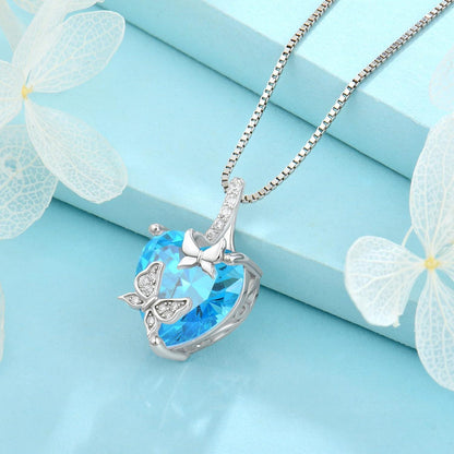 Schmetterling Halskette Damen 925 Sterling Silber mit Aquamarin Geburtsstein