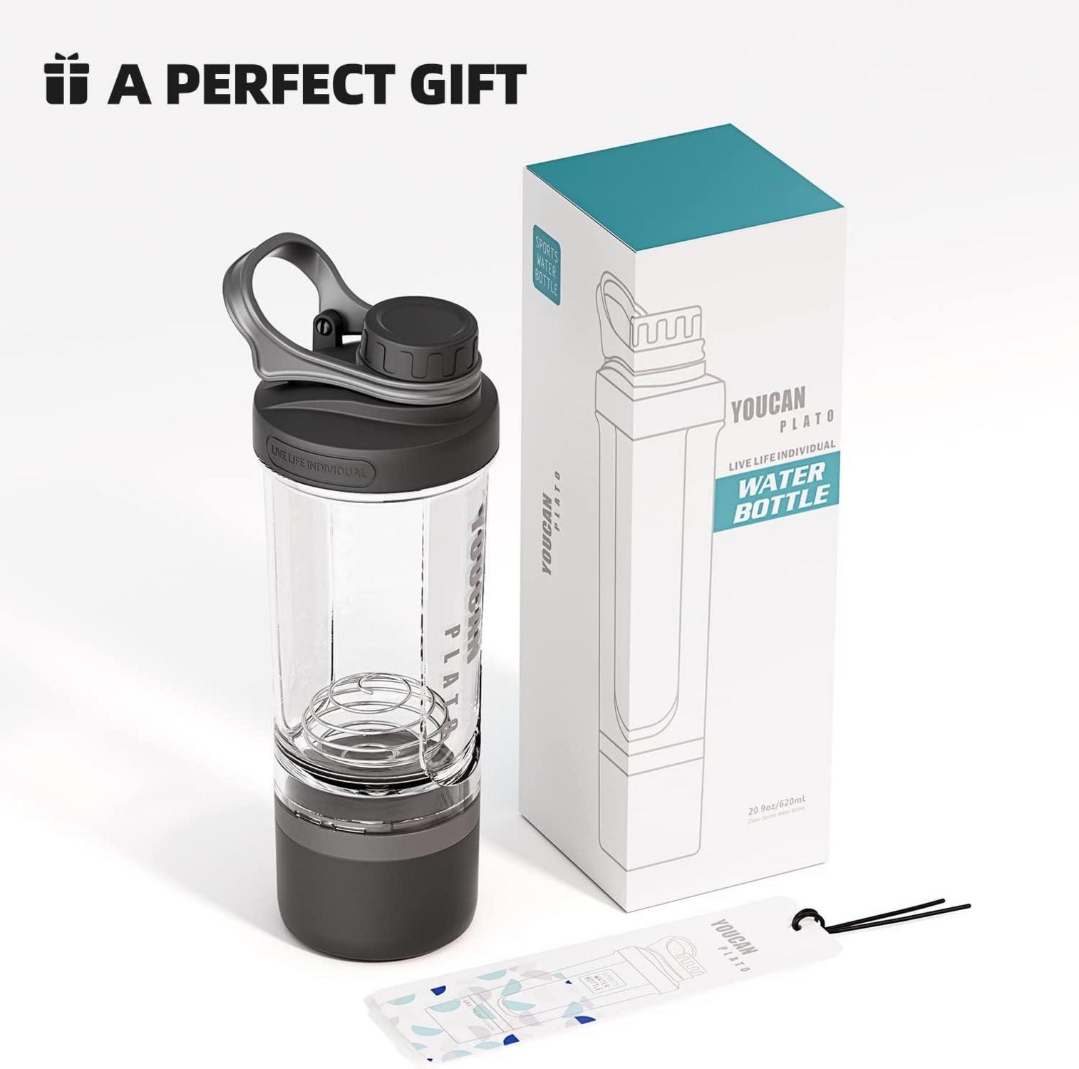Protein Shaker Tritan 620ML Schwarz mit Pulverfach und Kugel