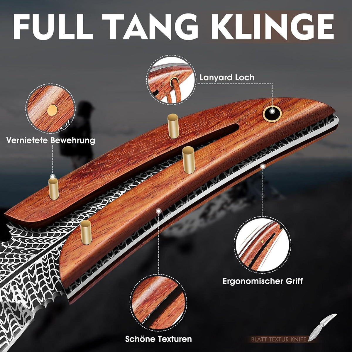 Outdoor Survival Messer mit Lederscheide Full Tang Klinge Bushcraft