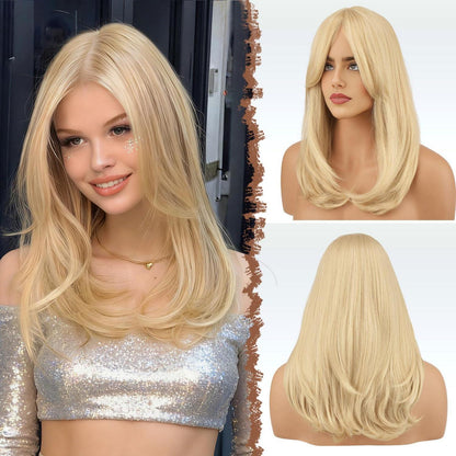 Langhaar Perücke mit Pony, Blond Synthetik Haar Perücke