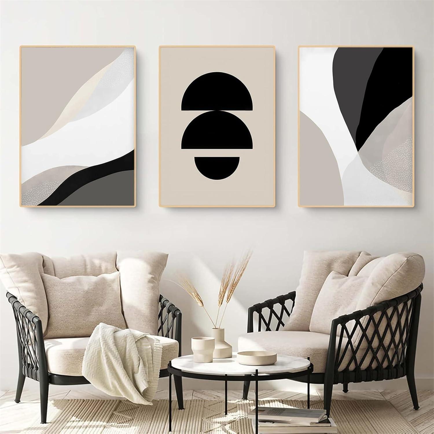 3-teiliges Premium Poster Set Schwarz Beige Abstrakte Kunst