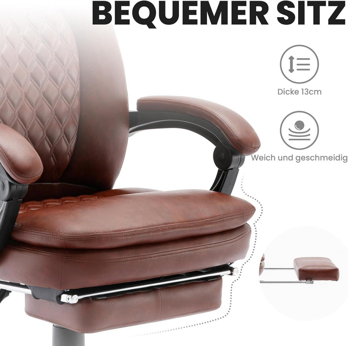 Ergonomischer Bürostuhl mit Fußstütze und Hoher Rückenlehne, PU Leder, höhenverstellbar, Brown
