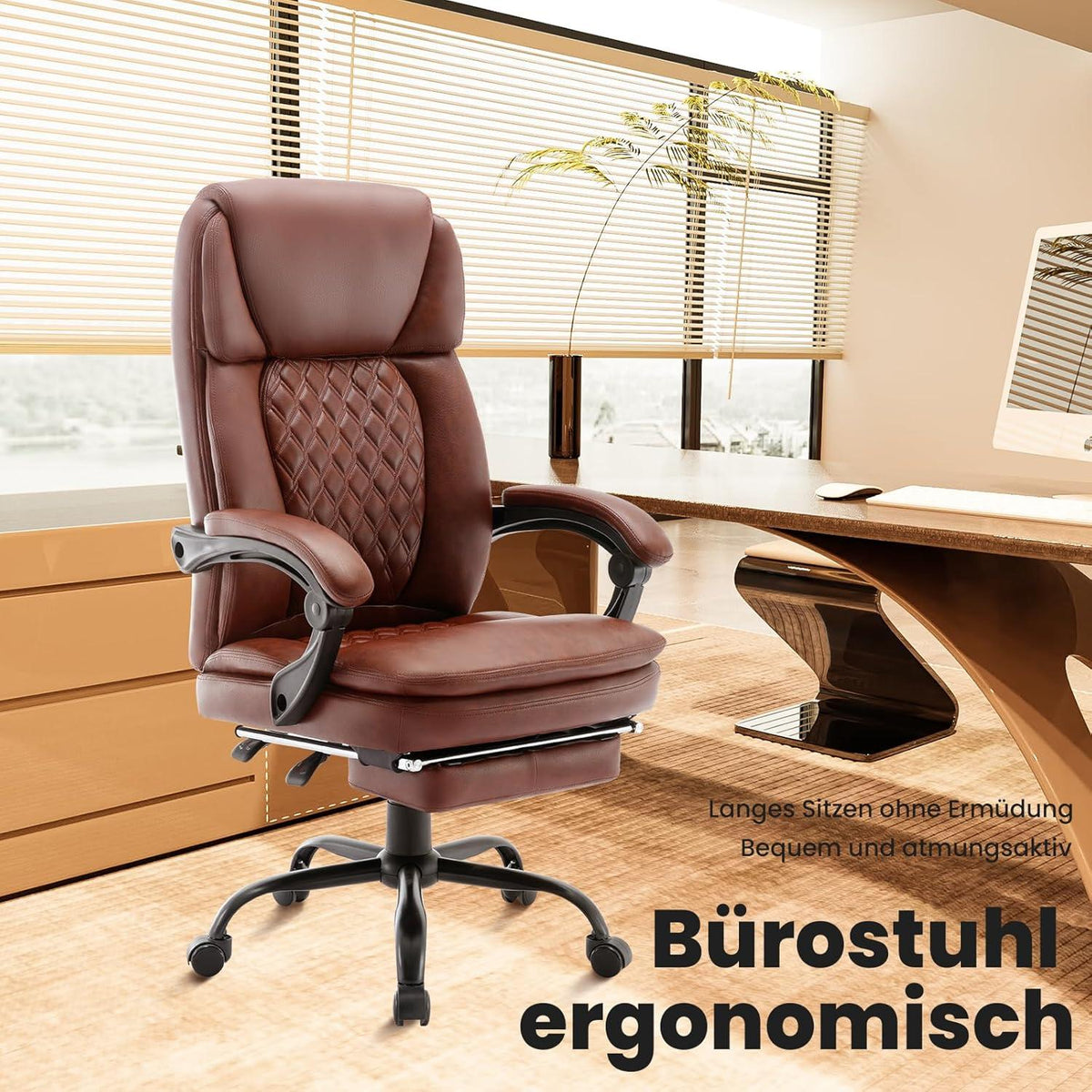 Ergonomischer Bürostuhl mit Fußstütze und Hoher Rückenlehne, PU Leder, höhenverstellbar, Brown