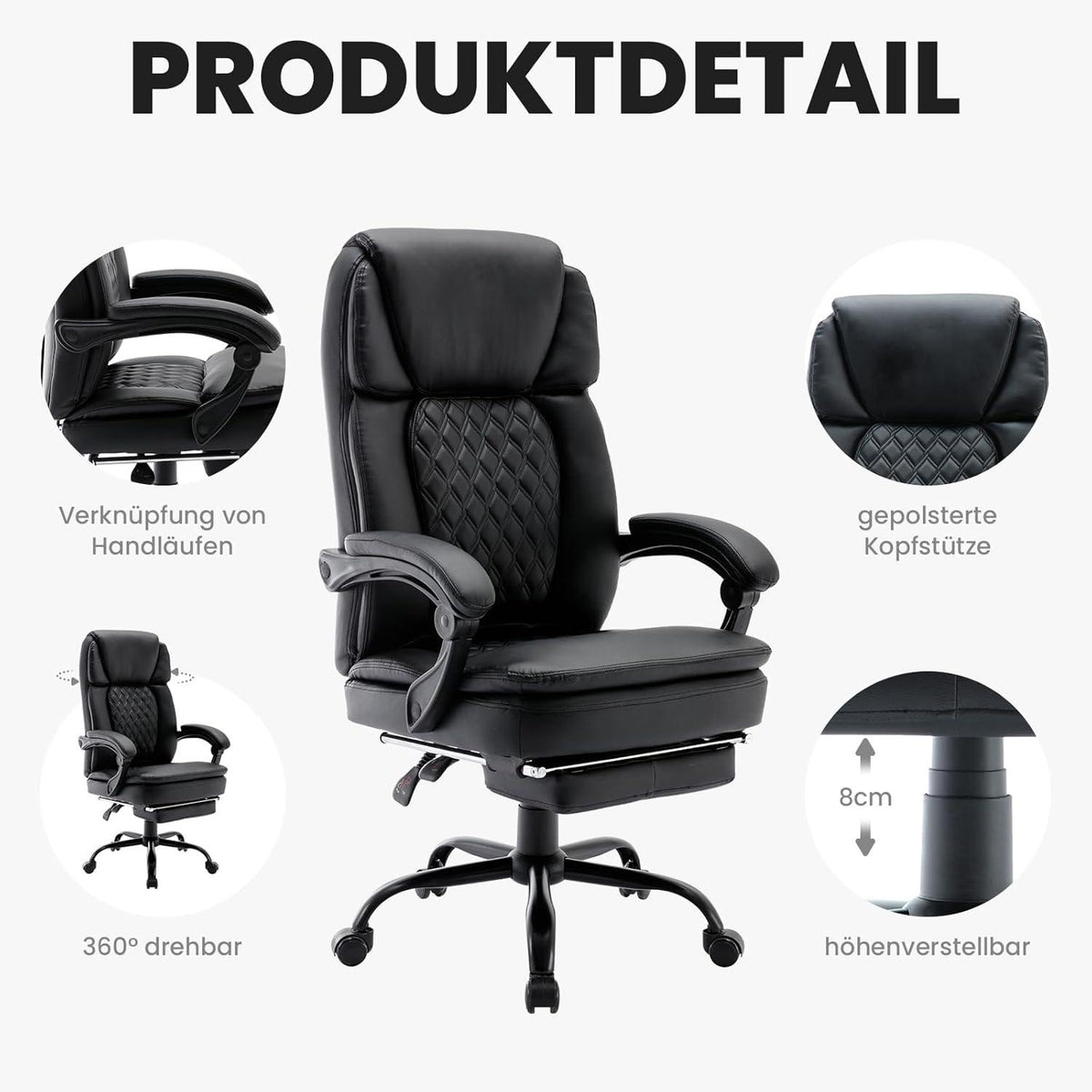 Ergonomischer Chefsessel mit Fußstütze und hoher Rückenlehne, Schwarz