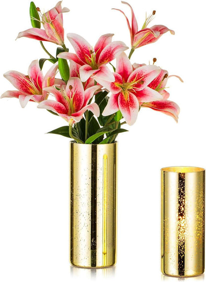 Moderne Goldene Glasvase Zylinder 2er Set für Hochzeit Deko