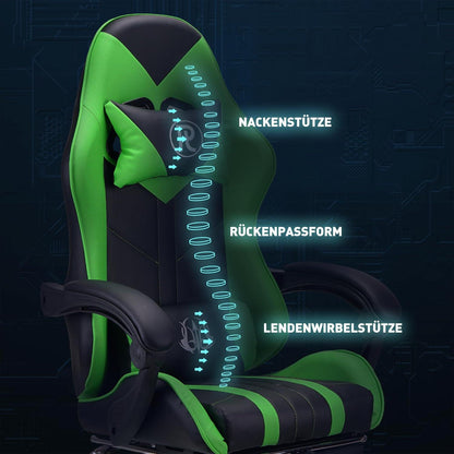 Gaming Stuhl Bürostuhl Drehstuhl Ergonomisch Grün mit Fußstütze