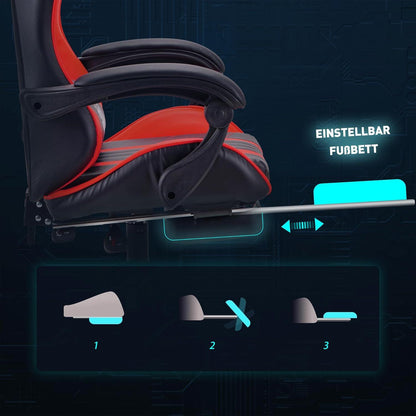 Ergonomischer Gaming Stuhl Bürostuhl mit Fußstütze Rot