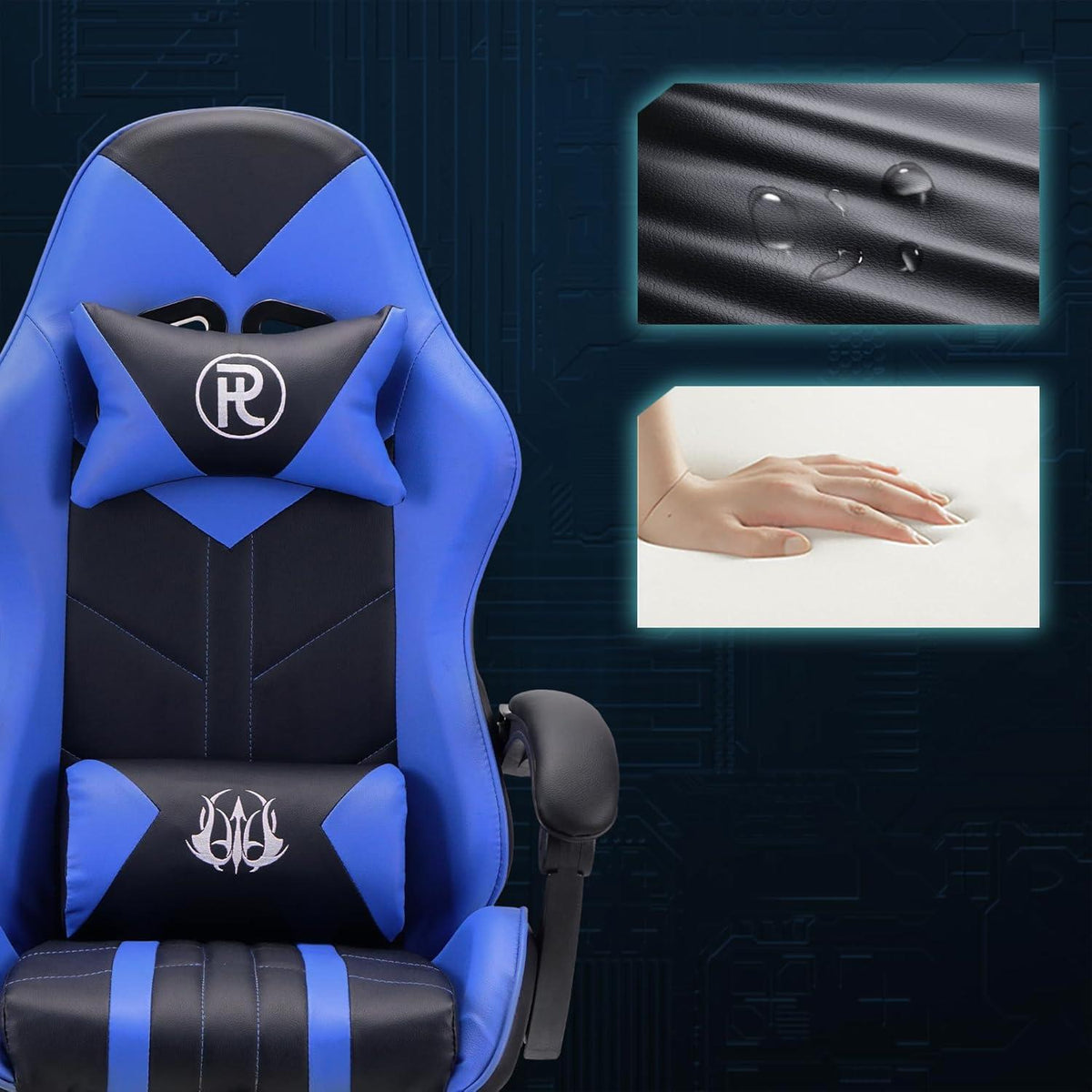 Ergonomischer Gaming Stuhl Bürostuhl mit Fußstütze Blau - PC Stuhl Rennstuhl Lederstuhl