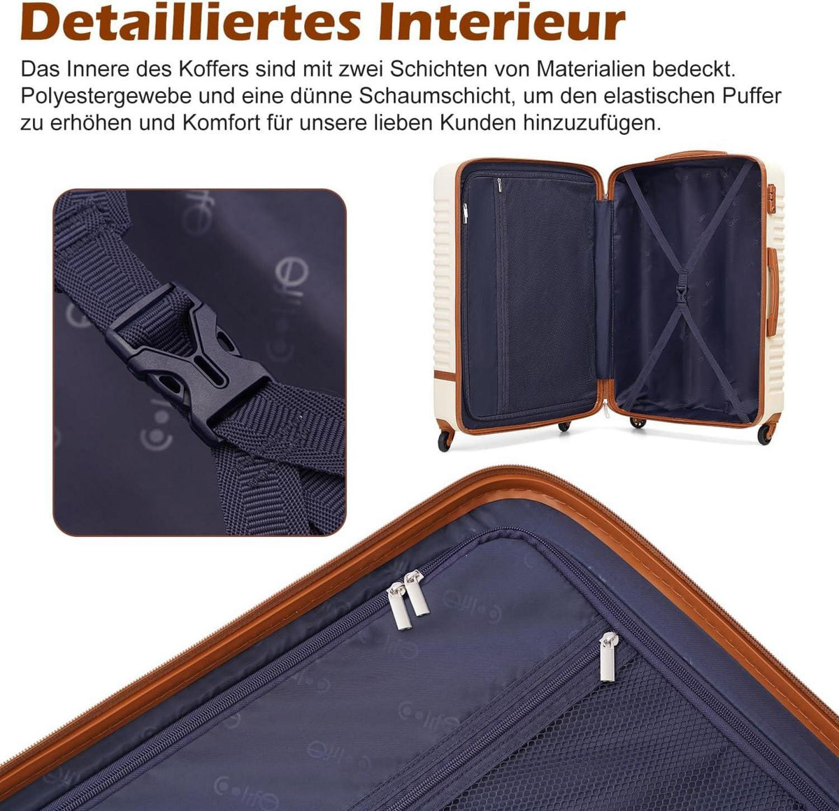 Koffer Trolley Set Hartschalen 4 Rollen TSA-Schloss 5tlg Weiß/Braun