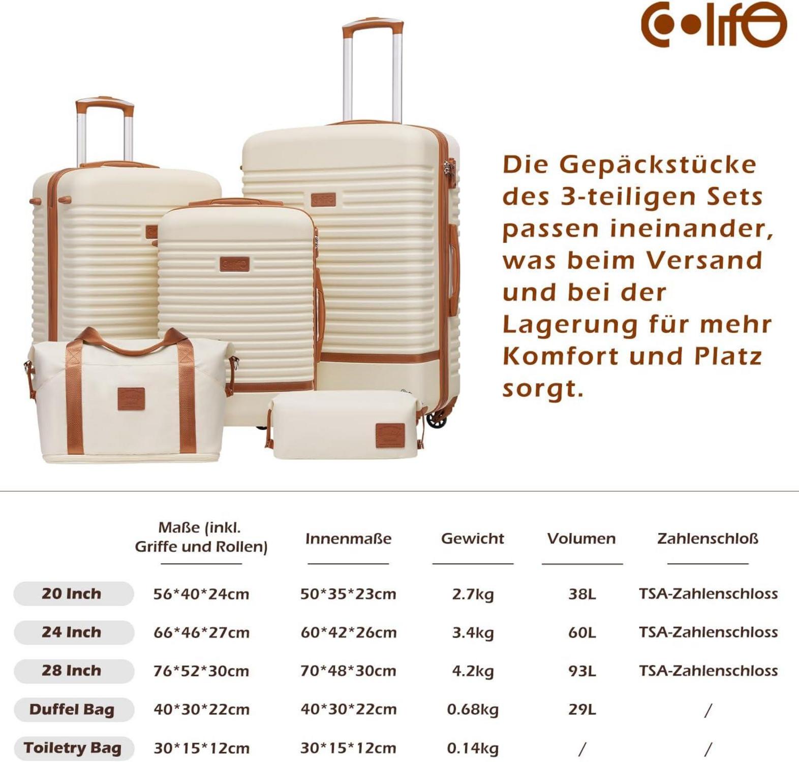 COOLIFE Koffer Set ABS Hartschale 4 Rollen Mittlerer Koffer-Set Blau/Braun