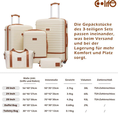 COOLIFE Koffer Set ABS Hartschale 4 Rollen Mittlerer Koffer-Set Blau/Braun