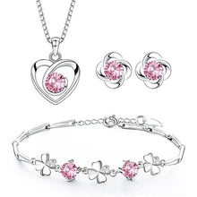 Schmuckset Damen Silber 925 mit Zirkonia, Herz Halskette & Klee Armband & Ohrstecker