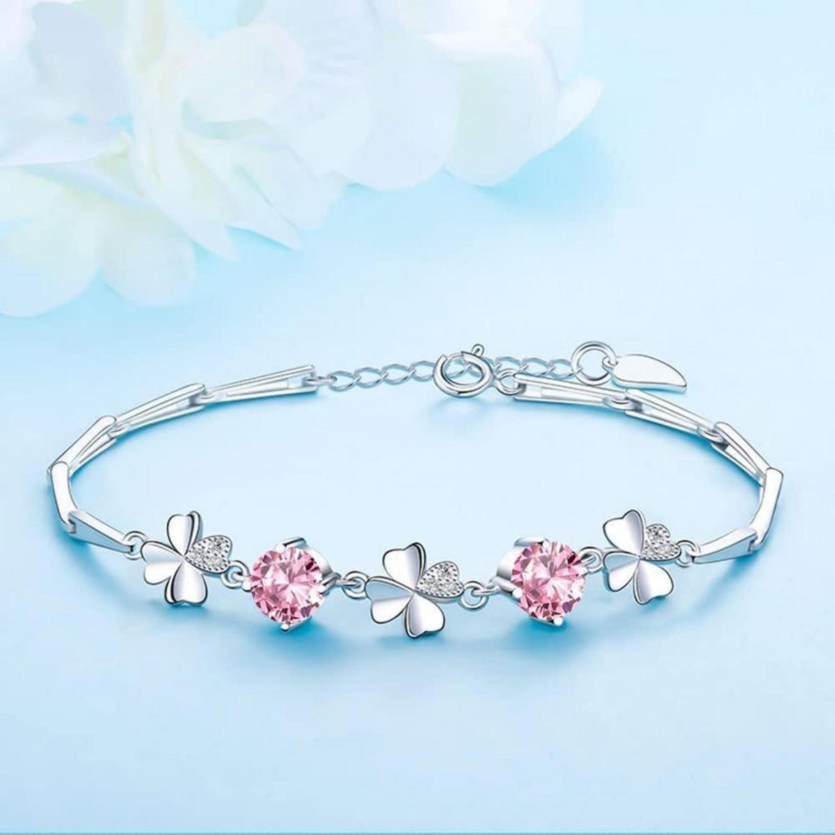 Schmuckset Damen Silber 925 mit Zirkonia, Herz Halskette & Klee Armband & Ohrstecker