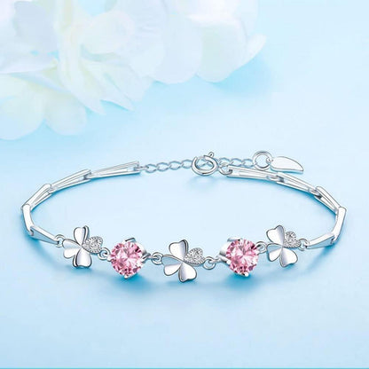 Schmuckset Damen Silber 925 mit Zirkonia, Herz Halskette & Klee Armband & Ohrstecker