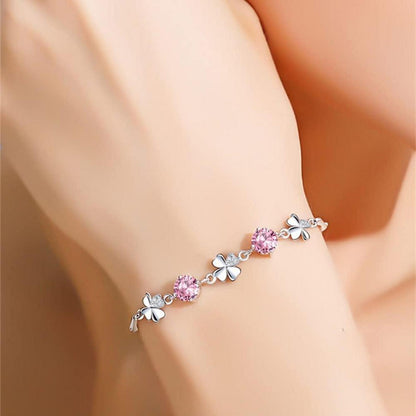Schmuckset Damen Silber 925 mit Zirkonia, Herz Halskette & Klee Armband & Ohrstecker