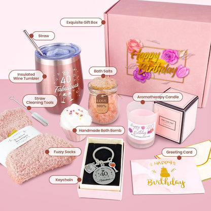40. Geburtstag Geschenkset für Frauen – Isolierter Becher, Badesalz, Kerze