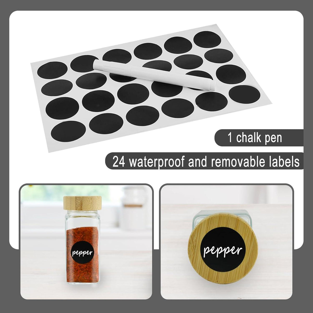 Gewürzglas Set mit Bambusdeckeln, Etiketten und Silikontrichter