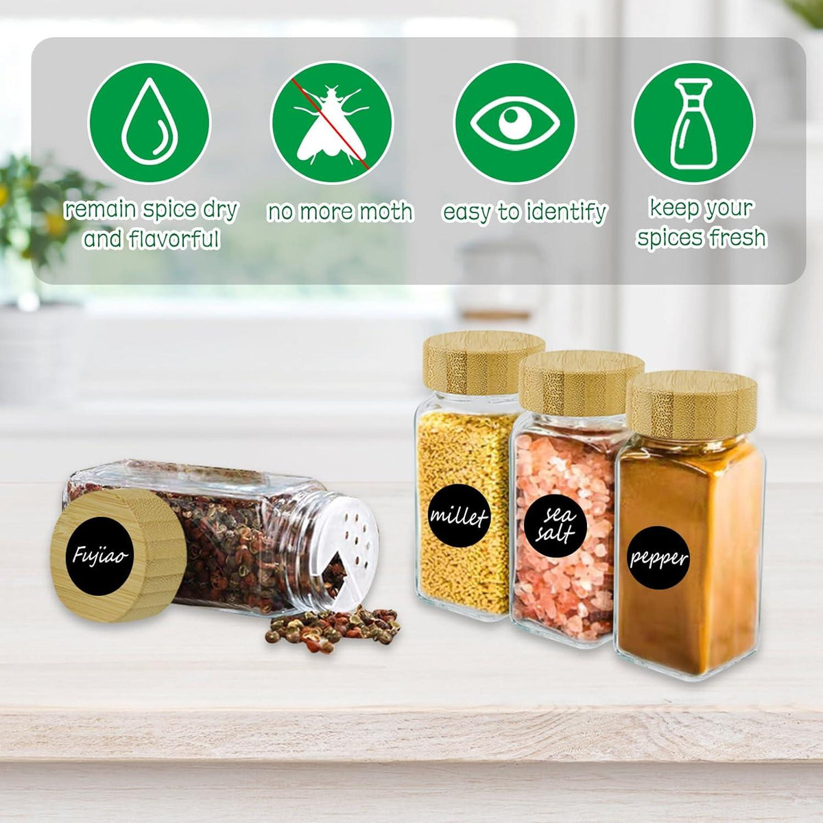 Gewürzglas Set Bambusdeckel Shaker-Einsätze Etiketten 120ml