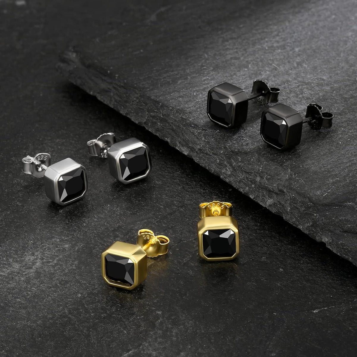 Herren Schwarz Onyx 925 Sterling Silber Ohrstecker 8mm