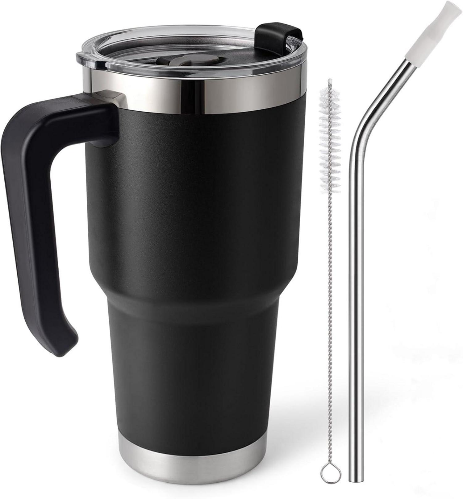 Thermobecher Strohhalm Henkel Deckel Edelstahl Becher BPA Frei