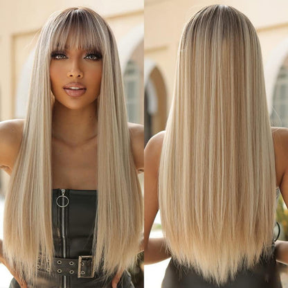 Lange Gerade Blonde Perücke mit Pony – Natürlicher Look
