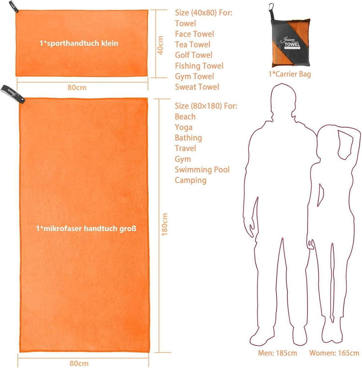 Mikrofaser Sporthandtuch Set Orange 180x80cm + 80x40cm