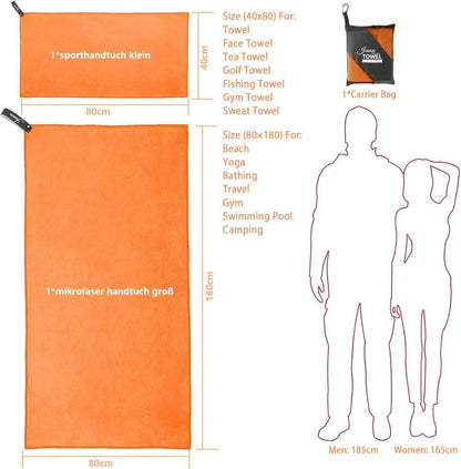 Mikrofaser Sporthandtuch Set Orange 180x80cm + 80x40cm