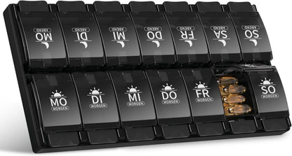 Pillenbox 7 Tage, Tablettenbox mit 2 Fächern, Druckknopf-Design