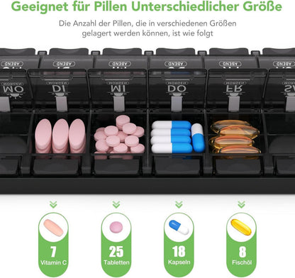 Pillenbox 7 Tage, Tablettenbox mit 2 Fächern, Druckknopf-Design
