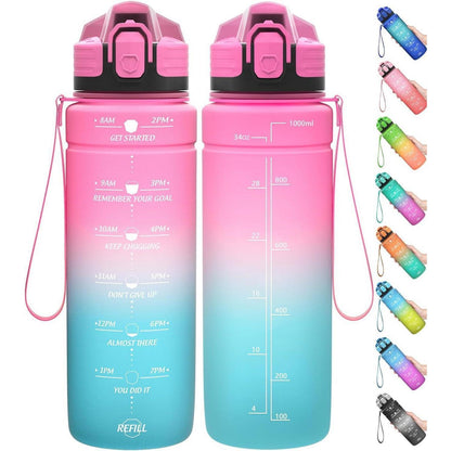 Motivierende Trinkflasche mit Zeitmarkierung, auslaufsicher, BPA-frei, 1000 ml Rosa-Smaragd
